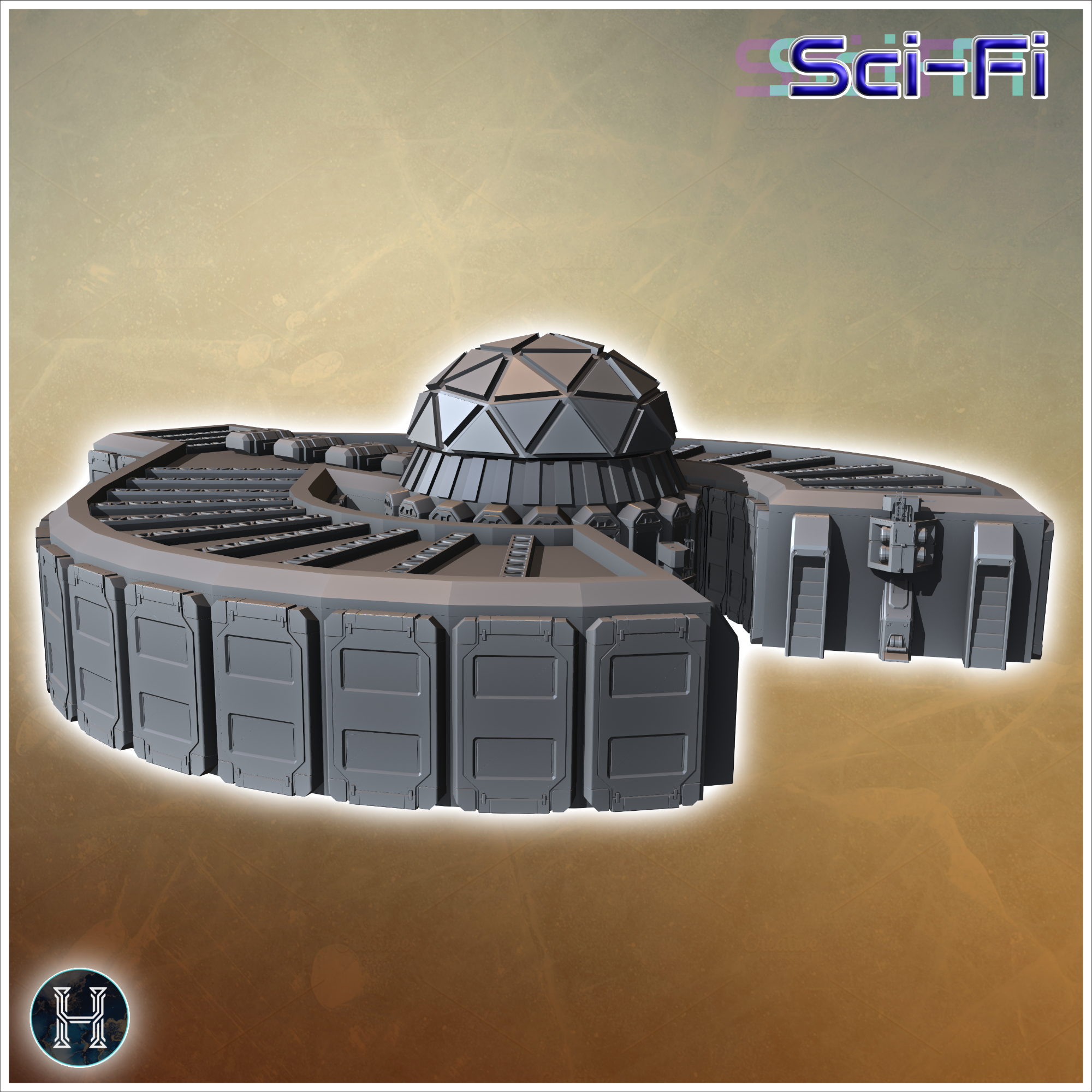 Futuristic dome structure with numerous panels and multiple entrances on an extended base (9) - Future Sci-Fi SF Post apocalyptic Tabletop Scifi Wargaming Planetary exploration RPG Terrain